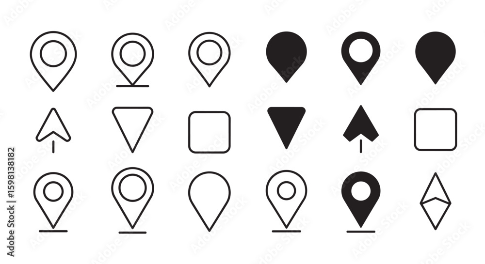 Poster minimalist linear and solid map pin icons set for navigation and gps d