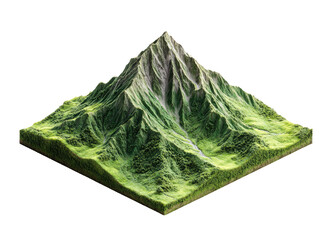 Isometric view of a lush, green mountain on a square, textured base