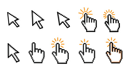 Pixel art cursors: click and point icons collection in retro style