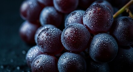 Fresh Dark Purple Grapes with Dewy Water Drops on a Moody Background