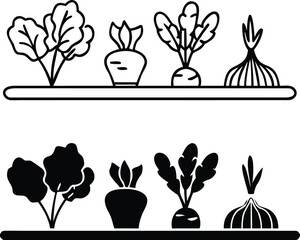 Vegetable garden icons. Black and White Vector Icons of Vegetables Growing on a Plot. Gardening in the Open Air. Organic Farming Concept
