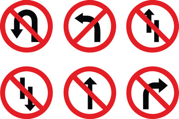 Red Arrows Showing Road Traffic. Prohibitory Road Signs. Vector Icons. No U-Turn, No Left and Right Turns, One-Way Traffic, and No Entry
