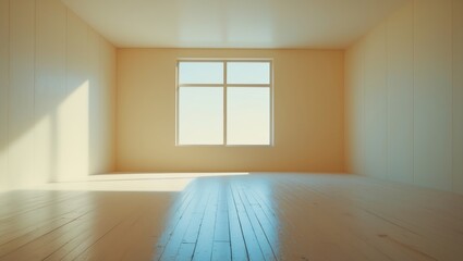 Fototapeta premium Empty room with sunlight coming through a window, creating a bright and minimal space. Bright interior with a large window and wooden floor.