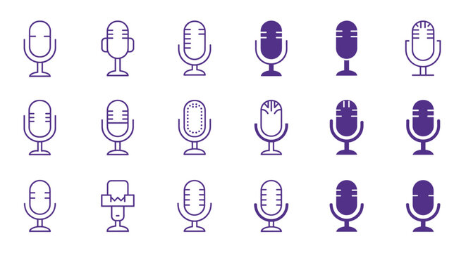 Collection of vintage and modern microphone silhouettes in purple tone