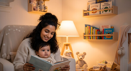 Cherished Moment Young Mother Reads a Story to Her Baby in a Cozy Nursery