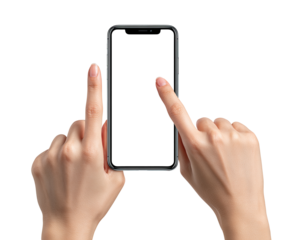 Two hands hold a dark gray smartphone, fingers touching the screen