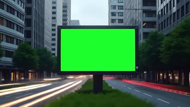 Green screen billboard on wet street in urban commercial area, perfect mockup template for advertisement, branding, publicity, outreach, marketing, signage, and digital display promotions.