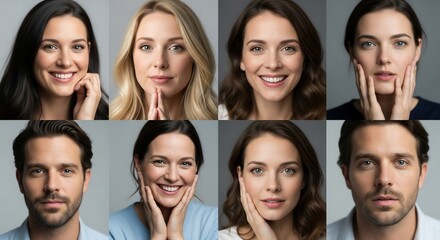 A grid of eight portraits showcasing diverse individuals with varied expressions and poses, highlighting human faces and emotions.