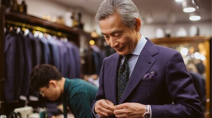 Elegant gentleman adjusts suit coat in tailor shop during afternoon appointment