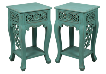 Illustration of Two Carved Teal Wooden Side Tables with Drawer and Shelf