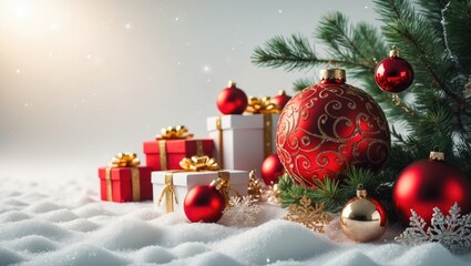 Christmas decorations on snow with Christmas tree and ornaments. Holiday, celebration, winter season. Festive decoration and Christmas theme. The concept of Christmas celebration.