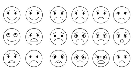 Simple linear emoji faces expressing diverse emotions in black and whi