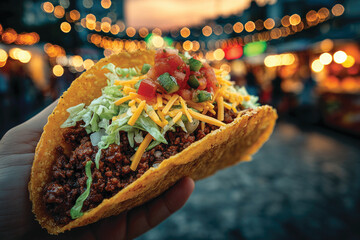 Hand holding a classic Tex-Mex beef tacos with lettuce, shredded cheese, tomatoes, and salsa at a street food market - street food and fast food concept