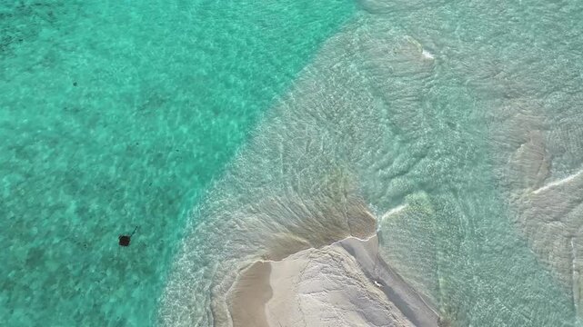Aerial view of a pristine sandbar meeting the turquoise sea with gentle waves, a stingray gliding through the crystal-clear waters, Goidhoo, Baa Atoll, Maldives.