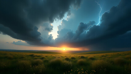 Stormy sky over open field with dramatic lighting