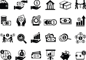 Black Set of Finance Icons. Vector Icons of Money, Credit Cards, Lender, Increasing Income, Budget, Deposit, Withdrawing Money, Financial Monitoring, Bank, Mutual Fund, and Other
