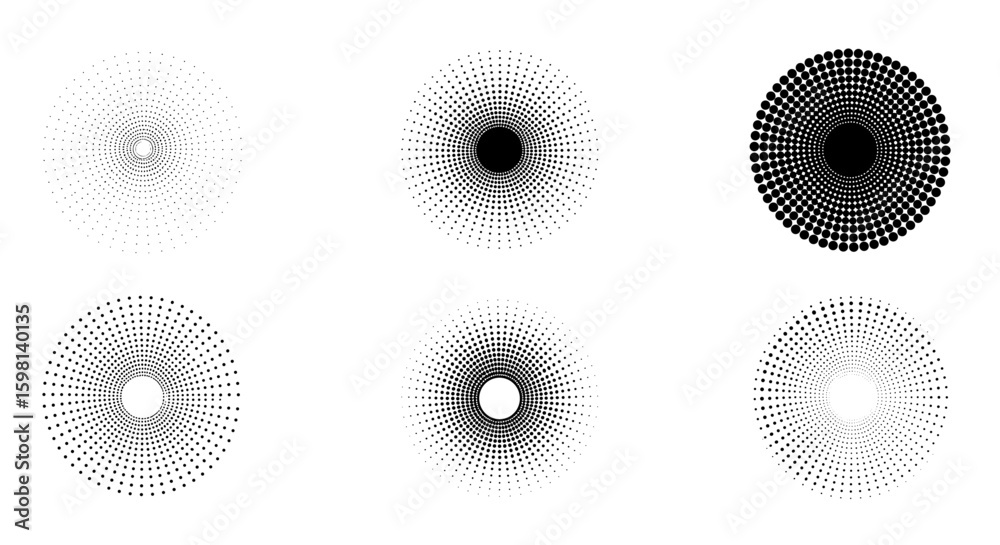 Poster set of geometric circular halftone patterns with gradient effect in bl