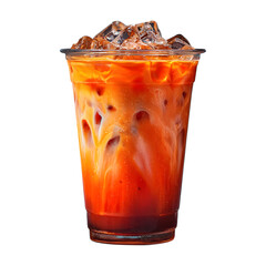 Thai iced tea in clear plastic cup with ice cubes and gradient color, sharply lit and isolated on transparent background for summer drinks. --v 7.0 --s 250 --raw