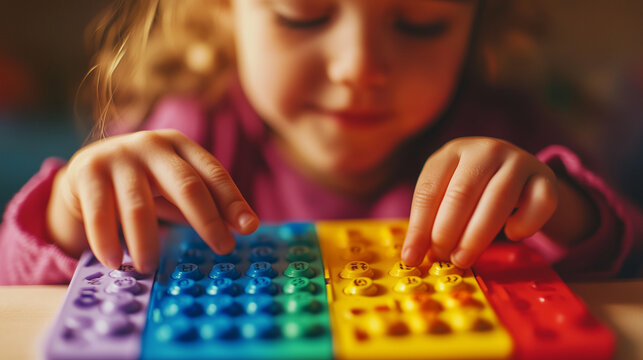 Close-up of blind child learning Braille using colored learning blocks. - Powered by Adobe