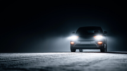 Car with headlights on driving at night on a snowy or icy road.