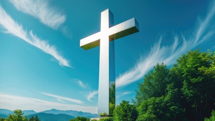 A large white cross towering over green trees against a blue sky with wispy clouds.