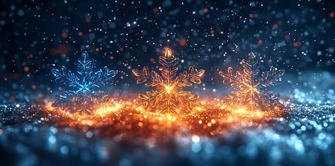 Fototapeta premium Glowing snowflakes with warm and cool light winter blue