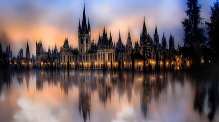 Fototapeta premium Majestic Castle Reflected in Calm Water at Sunset