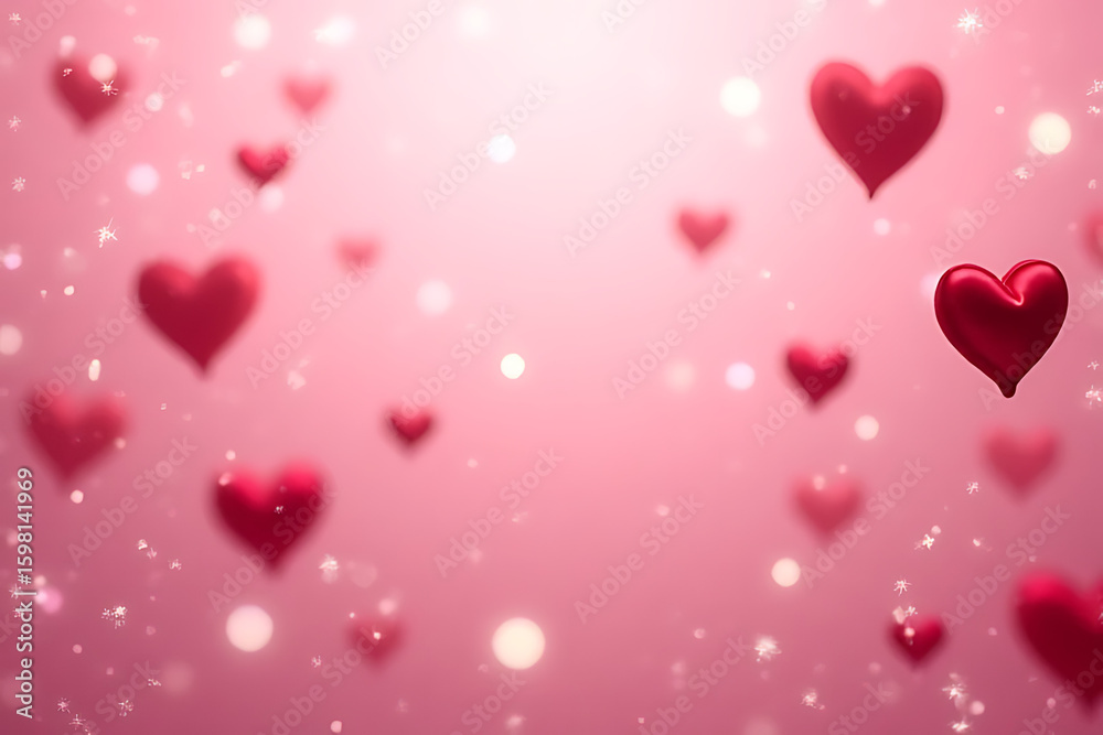 Poster floating red hearts with bokeh and sparkling elements on a soft pink gradient background for romanti