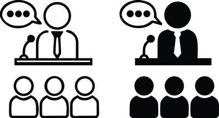 Briefing icons. Black and White Vector Icons. Man with Microphone Tells Important Information to People. Business and Workshop Concept
