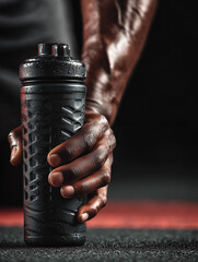 Strong black man holding a protein shaker bottle in gym setting  
