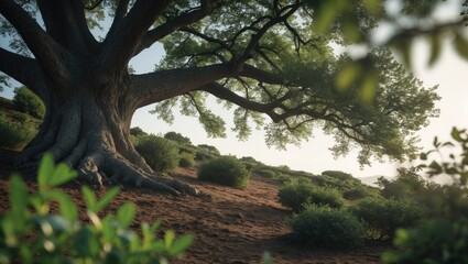 A large, ancient tree with expansive branches in a natural landscape with green foliage and shrubs.