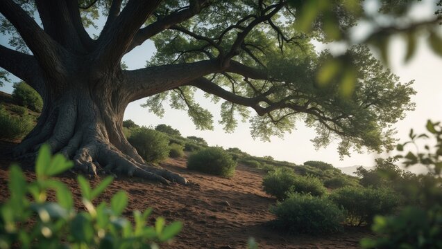 A large, ancient tree with expansive branches in a natural landscape with green foliage and shrubs.