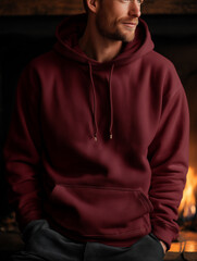 Young man in burgundy hoodie sitting by fireplace indoors  