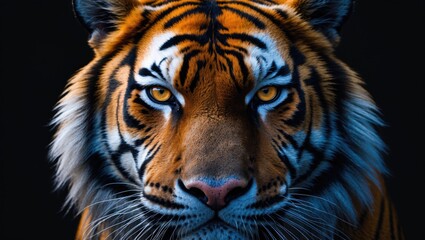 Naklejka premium A close-up of a tiger's face showing intense eyes and detailed fur.