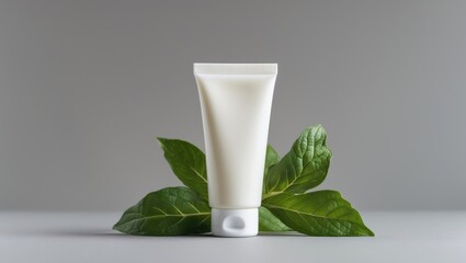A white tube of cream or lotion placed on a flat surface with green leaves behind it.