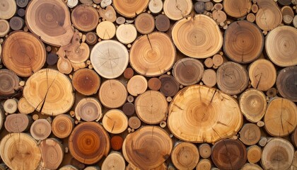 Pile of natural log round teak wood tree stump texture background pattern.
