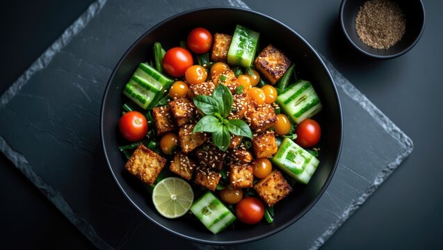 Fresh vegetable salad with cherry tomatoes, cucumber, tofu, and lime slices in a black bowl, garnished with basil leaves.