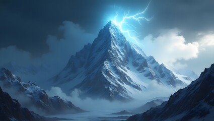 Obraz premium Epic Snowy Mountain Peak Struck by Lightning; Dramatic, Mystical, Fantasy Landscape