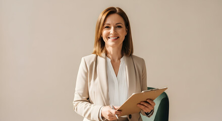 Confident Businesswoman Holding Clipboard Smiling in Front of Neutral Background