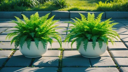 Two potted ferns on stone tiles outdoors with lush green grass in the background.