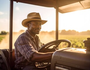 Farmer Driving Vintage Tractor Across Farmland at Sunset — Dust Rising, Cinematic Scene