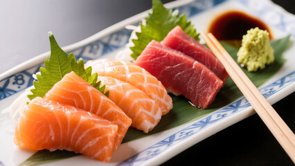 Exotic sashimi assortment. fish. salmon. tuna. sashimi. shoyu. wasabi