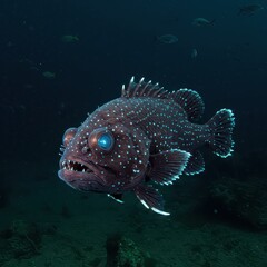 A dark-scaled bioluminescent fish drifts through the deep sea, illuminated by glowing spots and eerie blue-lit eyes.