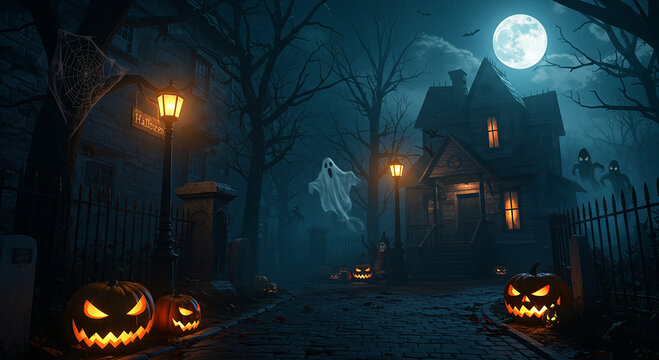 Spooky Halloween Night Scene with Haunted House and Pumpkins