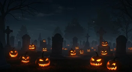 Fotobehang Herfst Spooky Graveyard Scene with Glowing Jack-o'-Lanterns at Night  © Rafoz