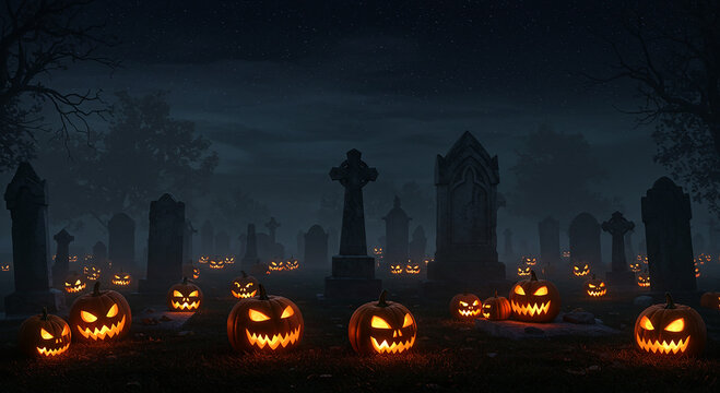 Spooky Halloween Cemetery Scene with Glowing Pumpkins