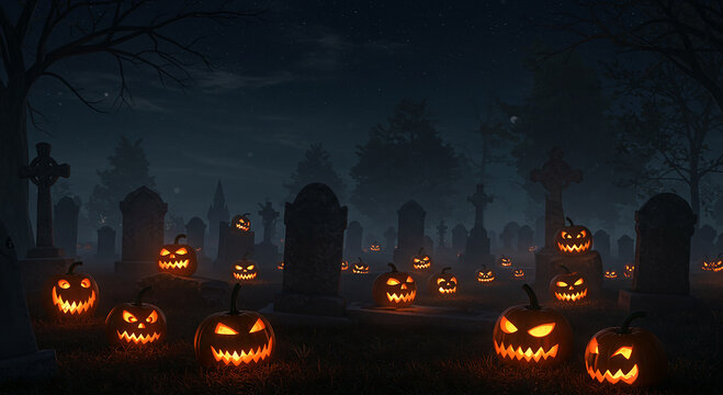 Spooky Graveyard Scene with Glowing Jack-o'-Lanterns at Night