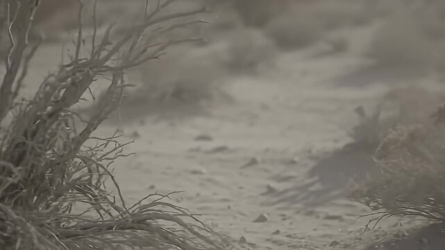 A tumbleweed sits in a bleak, sandy landscape, its spindly branches reaching upward