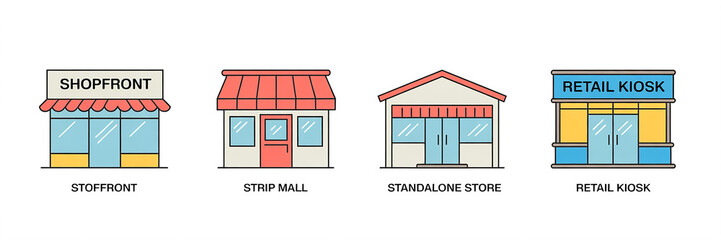 Four colorful cartoon shops lined up side by side