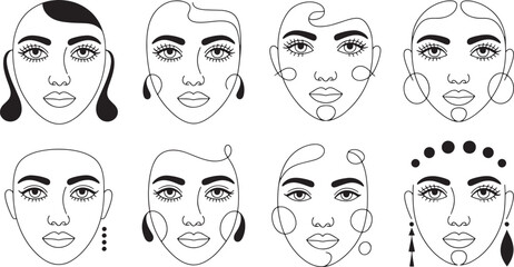 Abstract Face with Hairstyle and Earrings Line Art Vector Illustration for Beauty Designs